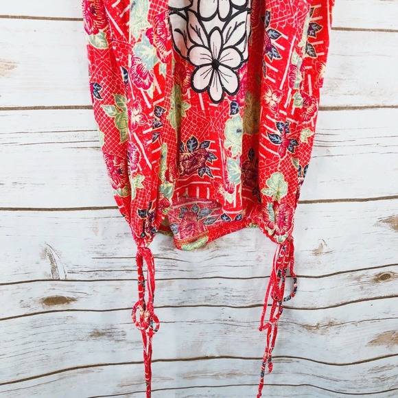 Free People Top Size S Floral Racerback Sleeveless Scoop Side Ties Coral Pink - Picture 7 of 8
